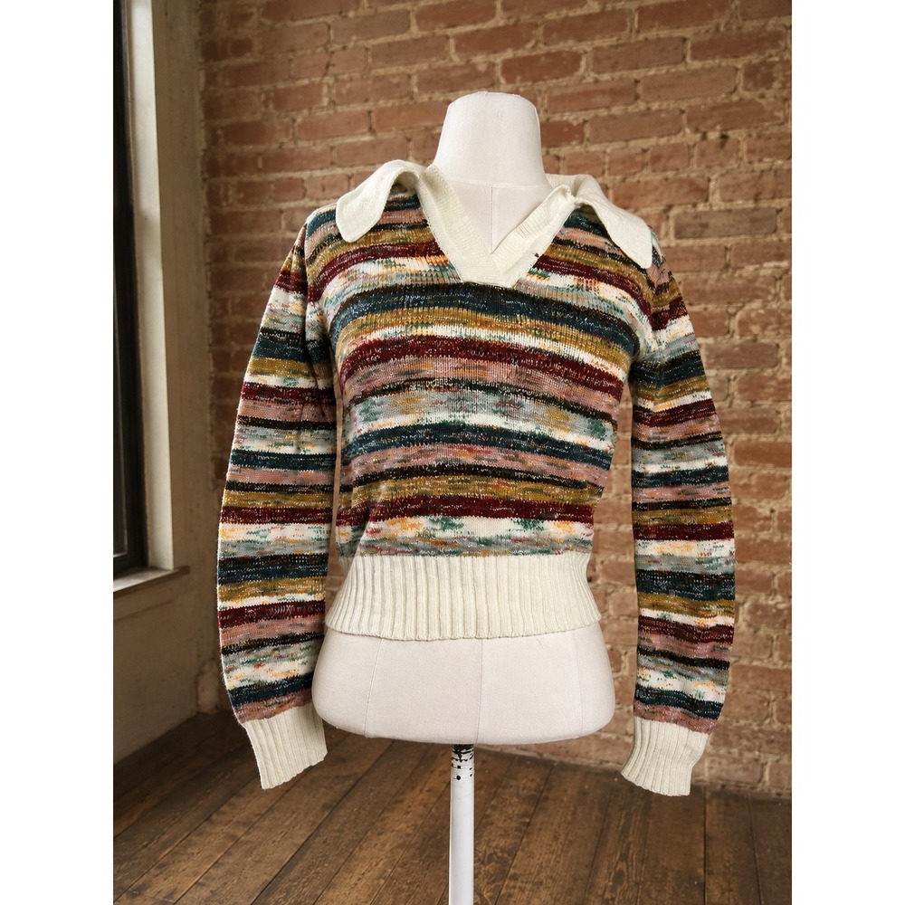 Vintage 70s Striped Polo Sweater Knit V-Neck S Boho Retro Fall Eclectic Boho - Picture 1 of 6